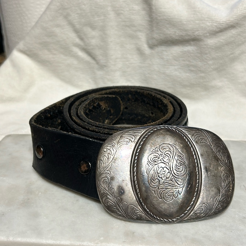 Black Leather Belt with Silver Ornate Buckle